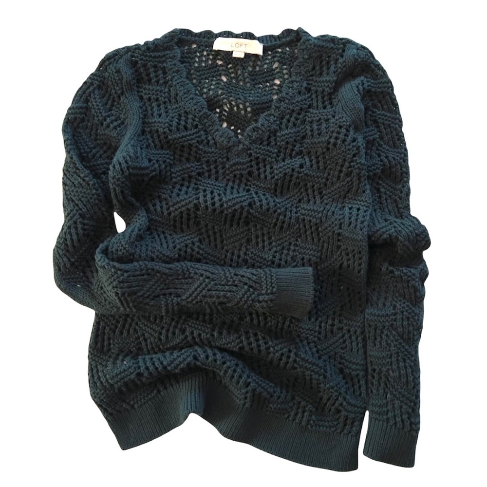 Ann Taylor LOFT Open Knit Crochet Sweater Size XS Womens Semi sheer scalloped V